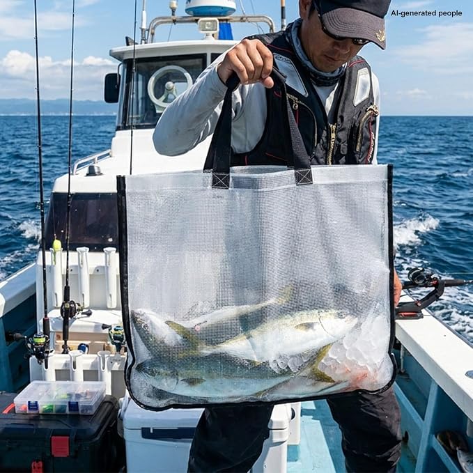 3-In-1 Fish Tote Fishing Tournament Weigh In Bag Fish Thick Durable Clear Poly Mesh Bag Leakproof Tear Resistant Tote 24'' x 18.5'', w/ 9" Floating Fish Lip Gripper & Hook Remover