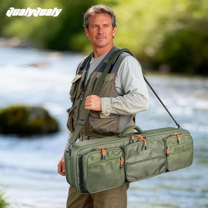 QualyQualy Fly Fishing Rod Travel Case, Heavy-Duty Fly Rod Bag Padded Protection & Portable Travel Fishing Rod Case with Shoulder Strap