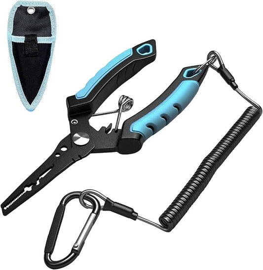 Keenjorika Multi-Function Fishing Pliers with Braided Line Cutter and Hook Remover, Ergonomic Stainless Steel Fishing Tool with Lanyard and Sheath, Outdoor Fishing Gear for Freshwater and Saltwater