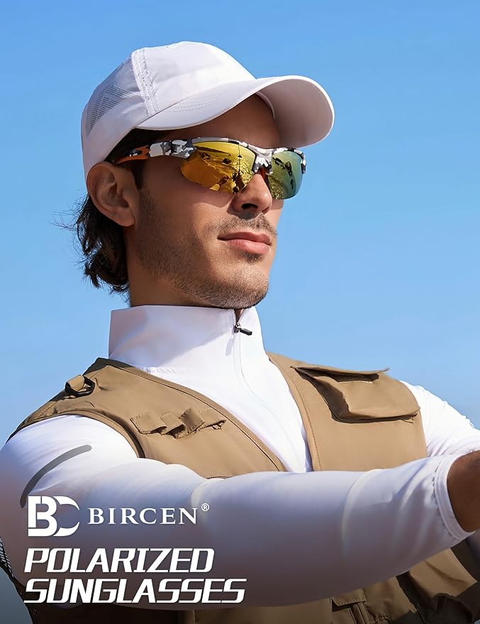 BIRCEN Mens Polarized Sunglasses for Sports: TR90 Lightweight Sun Glasses Wrap Around Shades for Fishing Driving Cycling