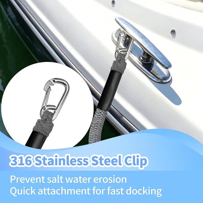 3FT Boat Dock Line Shock Absorbing Mooring Bungee Dock Lines for Boats Accessories Ideal for Jet Ski, SeaDoo, Kayak, Pontoon, Power Boat 2PCS (Grey, 3FT-Single Clips)