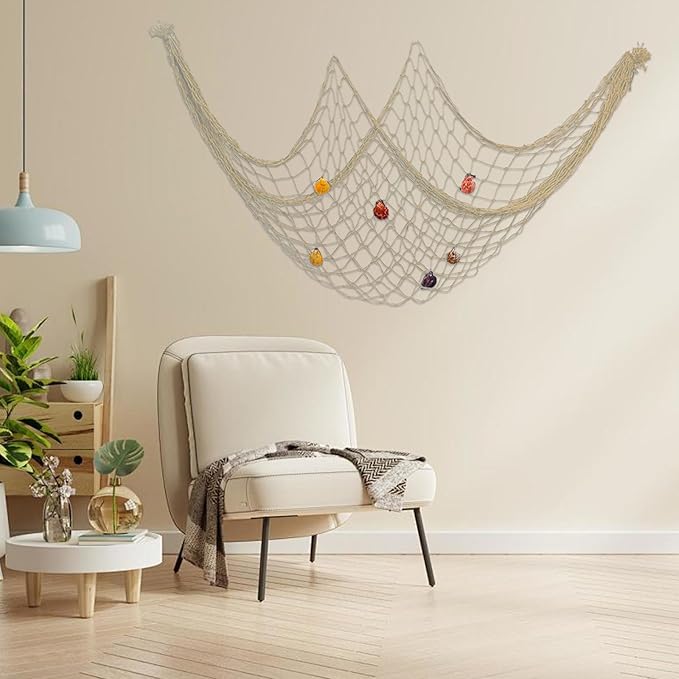 2 PCS Fish Net Decorations with Shells 80 x 40 Inch Ocean Themed Party Decor Beach Nautical Wall Hanging Fishing Net for Coastal Bedroom Bathroom or Under The Sea Party Decorations (Beige-with shells)