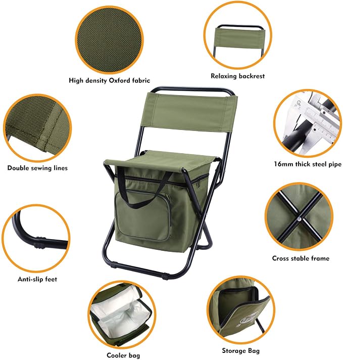 LEADALLWAY Fishing Chair with Cooler Bag Compact Fishing Stool Foldable Small Hunting Chair 12.2" Seat Depth,12.6" Seat Width