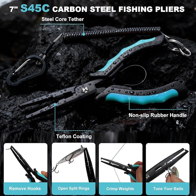 BasicGear Fishing Tool Set – 7” Pliers, 9.5” Fish Lip Gripper, 4.5” Scissors, 7” Fillet Knife, Retractable Clip & Steel-Core Tether, Rust-Resistant Multi-Tool Kit for Anglers