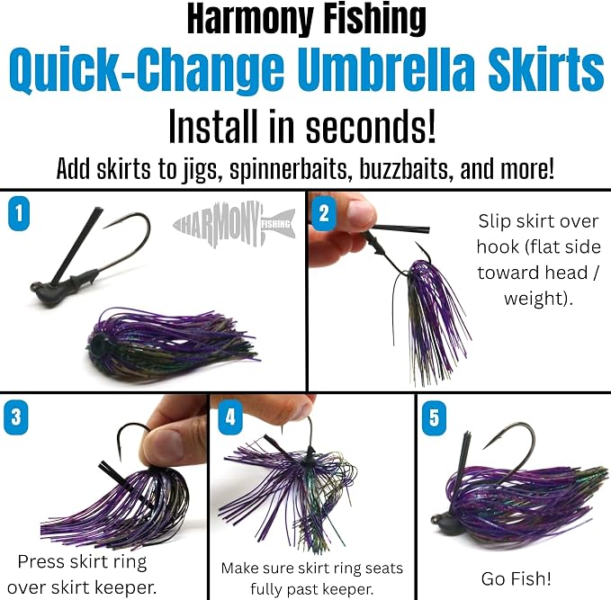 Harmony Fishing – Quick Change Umbrella Skirts for Fishing Jigs, Spinnerbaits, Buzzbaits, Lures, Baits (10 Pack)