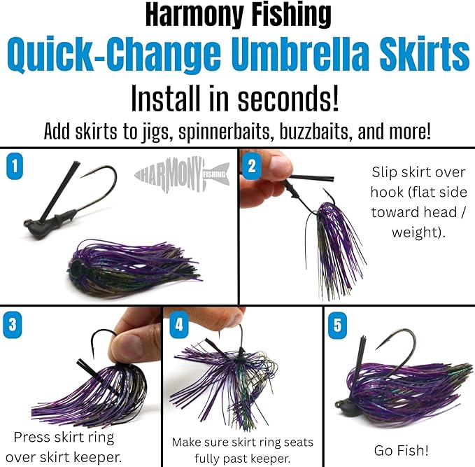 Harmony Fishing – Quick Change Umbrella Skirts for Fishing Jigs, Spinnerbaits, Buzzbaits, Lures, Baits (10 Pack)