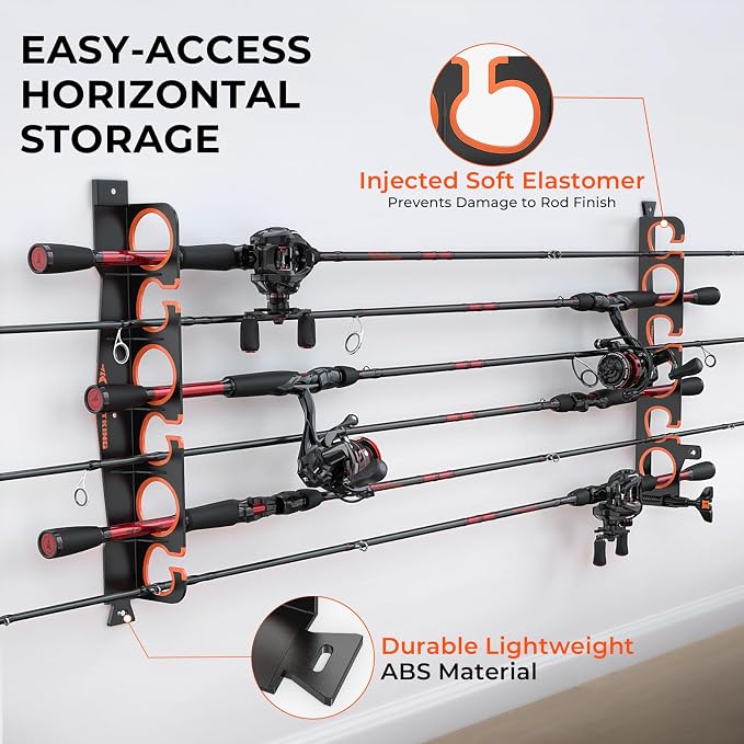 KastKing SafeGuard LS Horizontal Fishing Rod Rack with Line Spooler – Wall or Ceiling Mount, Holds 6 Rods & Combos in 18", No-Twist Fishing Rod Holder with Spooler & Cutter (Spinning & Baitcasting)