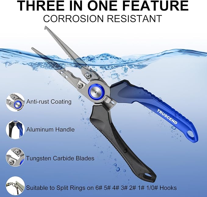 TRUSCEND Easy Use Lockable Fishing Pliers with Tungsten Carbide Cutter, Innovative Ergonomic Handy Handle, Saltwater Corrosion Resistant Teflon Coated Fishing Tool, Light Multi-Function Fishing Gear