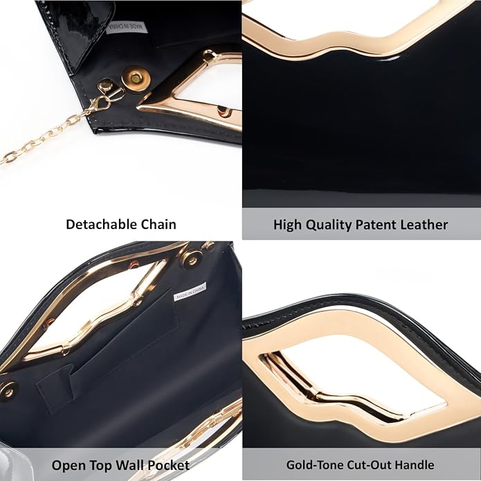 DETARA Patent Leather Evening Clutch Purse for Women Lip Metal Grip Handle Handbag for Cocktail Party Prom