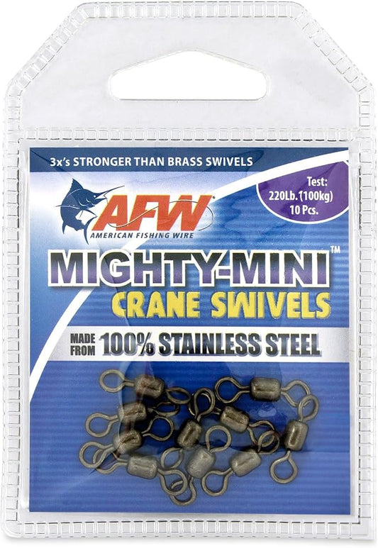 AFW American Fishing Wire Fishing Swivels - Mighty Mini 100% Stainless Steel Crane Swivels, 3X Stronger Than Brass, for Terminal Tackle Box, Up to 600lb Test - Fishing Gear for Fishing Line Leaders