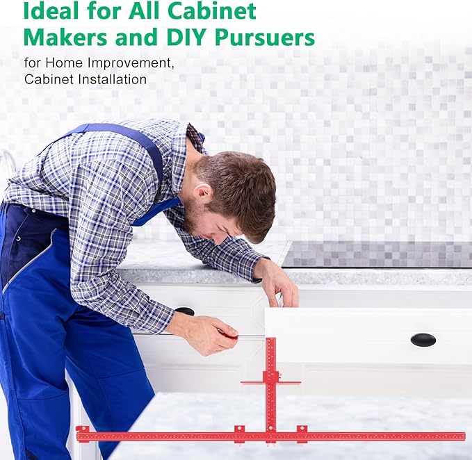 44" & 16" Max Cabinet Hardware Jig Kit, Cabinet Handle Jig and Auto Center Punch, Aluminum Alloy Cabinet Handle Template Drill Guide, Cabinet Pull Jig for Long Handles/Knobs/Pulls, Drawer/Door