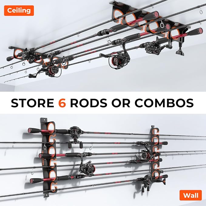 KastKing SafeGuard LS Horizontal Fishing Rod Rack with Line Spooler – Wall or Ceiling Mount, Holds 6 Rods & Combos in 18", No-Twist Fishing Rod Holder with Spooler & Cutter (Spinning & Baitcasting)