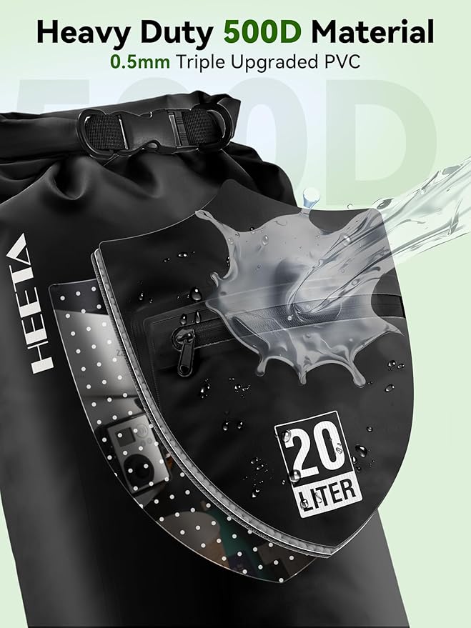 HEETA Waterproof Dry Bag with Front Zippered Pocket for Women Men, 5L/10L/20L/30L/40L Roll Top Lightweight Dry Storage Bag Backpack for Travel, Kayaking, Boating, Rafting, Camping, Hiking & Beach