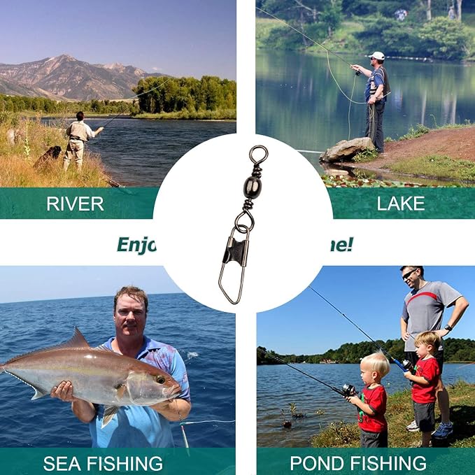AGOOL Barrel Swivel Snap Kit - 50pcs Barrel Swivels with Safety Snaps High Strength Fishing Quick Connect Snap Swivels with Solid Ring Fishing Tackle Accessories Box Kit Size 4#,6#,8#,10#,12#,14#