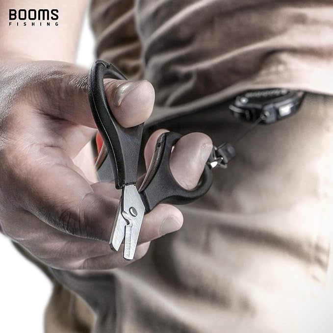 Booms Fishing S01 Fishing Scissors for Braided Line, Fishing Line Cutter Saltwater and Freshwater, Fishing Serrated Shears with Retractor, 3.9” Black