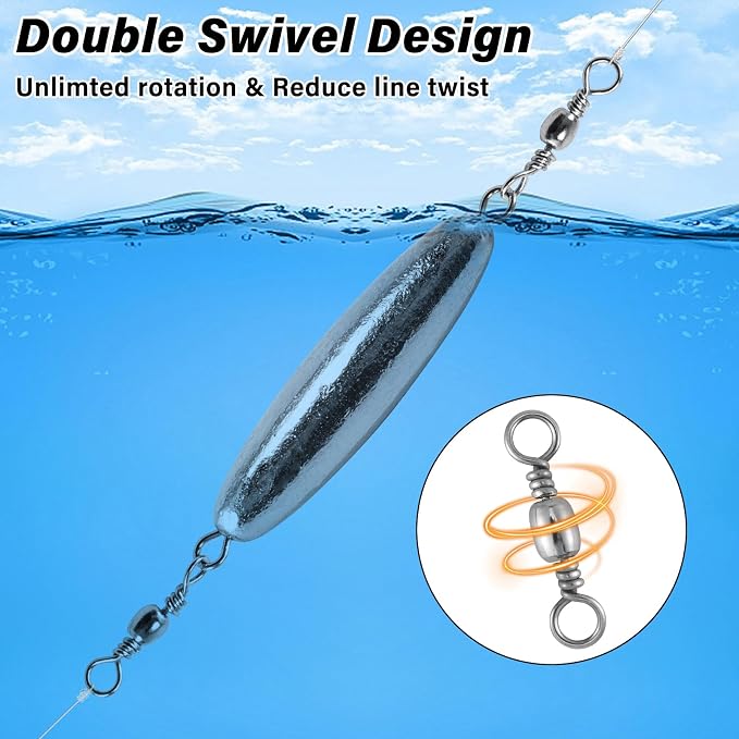 Dr.Fish 10 Pack in-line Trolling Sinkers with Double Swivel Torpedo Weight Lead Fishing Sinkers Double Ring Saltwater Freshwater Salmon Walleye Trolling