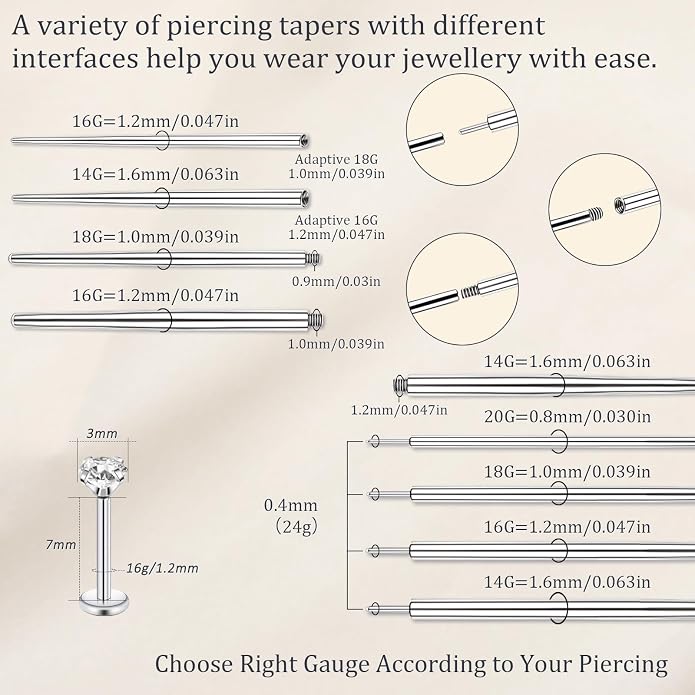 14G 16G 18G 20G Piercing Taper Piercing Ball Grabber Tool Stainless Steel Flat Back Earring Applicator Tool Threadless Insertion Pin Curved Body Piercing Kit for Ear/Nose/Navel/Lip/Eyebrow