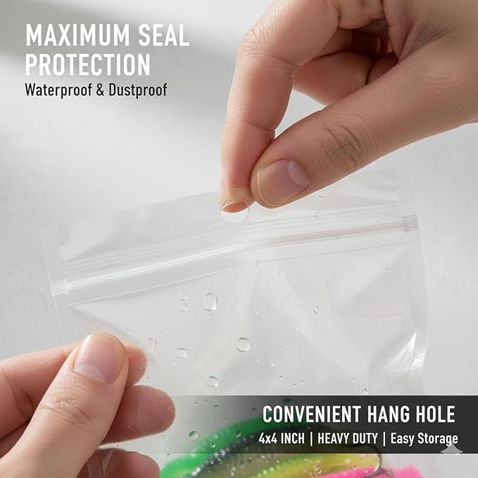 100 Pack Soft Plastic Baits Bags 4”x4" | Heavy-Duty Clear Lock Zipper Lure Packaging Bags - Leakproof Double-Sealed Zipper Storage for Soft Plastic Lures & Fishing Gear | Multiple Sizes