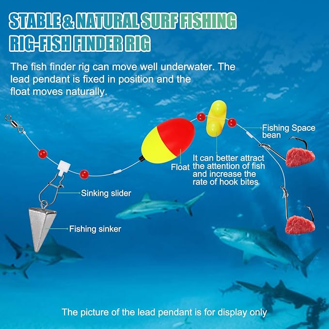 Fish Finder Rigs - 6 Pack (Size 6/0 or 8/0) with 33LB Fluorocarbon Leader - Pre-Assembled Surf Fishing Rigs with High-Carbon Steel Hooks & Oversized Float for Saltwater Ocean Fishing