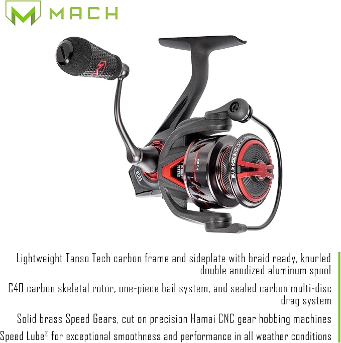 Lew's MACH Jacked Spinning Reel and Fishing Rod Combo, HM50 Graphite Rod, Tanso Tech Frame, Black/Red