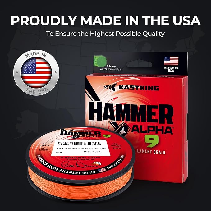 KastKing Hammer Alpha 9 UHMWPE Braided Fishing Line - Made in the USA, Strong and Smooth, Round, 9-Carrier, Colorfast Braided Fishing Line, Perfect for Most Fishing Reel and Finesse Applications