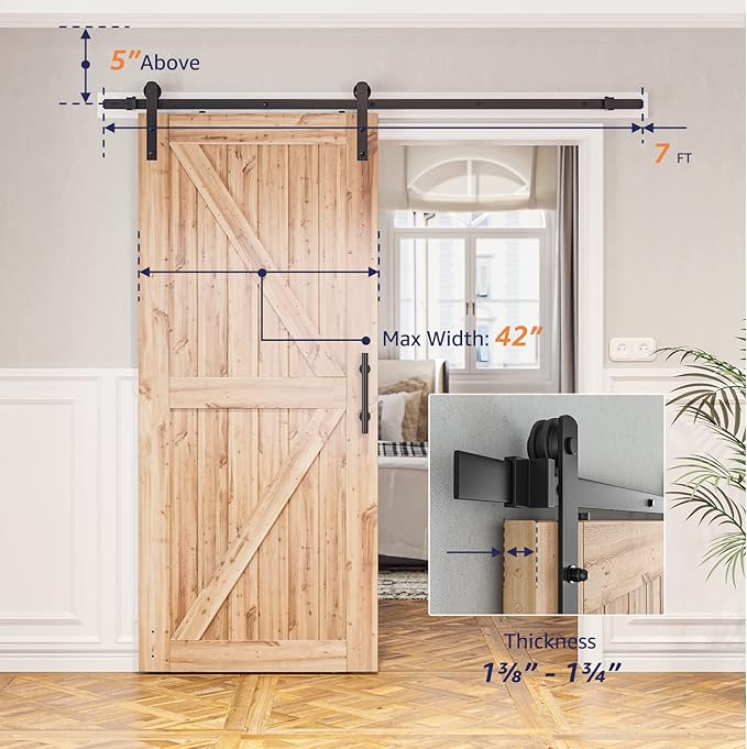 SMARTSTANDARD 7ft Barn Door Hardware Kit, Sliding Door Hardware, Black, Fit 42" Wide Door Panel (I Shape Hanger)