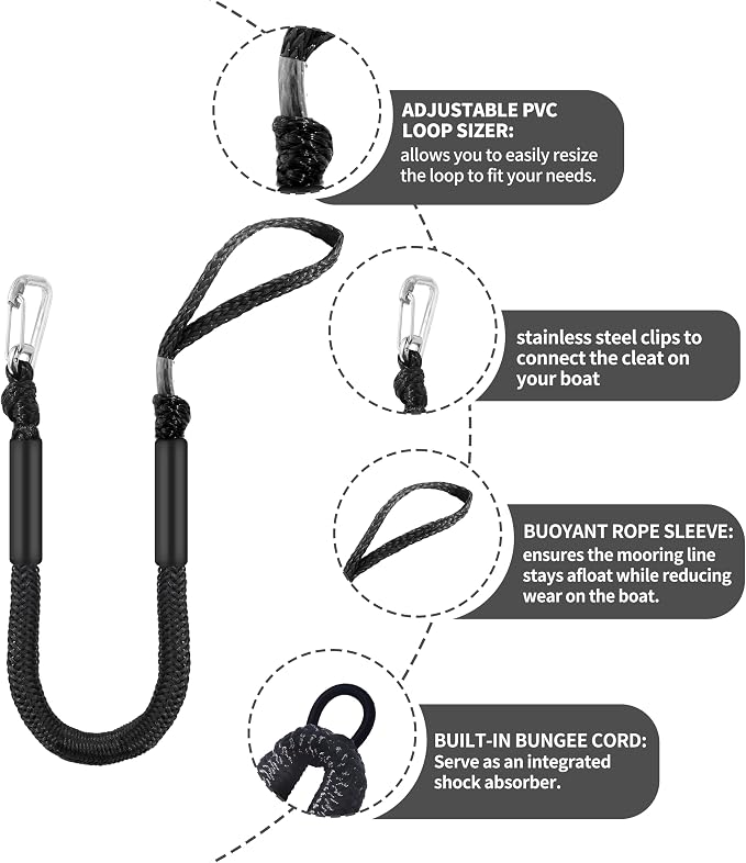 Boat Bungee Dock Lines – Adjustable Boat Tie Downs for Pontoon, Jet Ski, PWC, Kayak | Single Hook Small Cruiser Mooring Lines | (2, Black, 3 Feet)