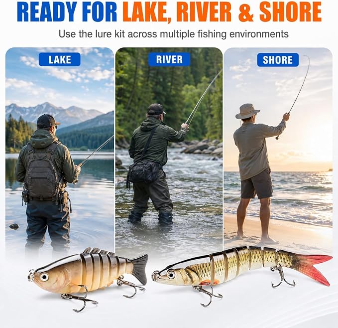 SANWEAL 6PCS Multi Jointed Fishing Lures Kit, 2 Size Slow Sinking Swimbait Hard Baits with 3D Eyes and Treble Hooks, Segmented Baitfish Artificial Fishing Bait for Bass Trout Freshwater Saltwater