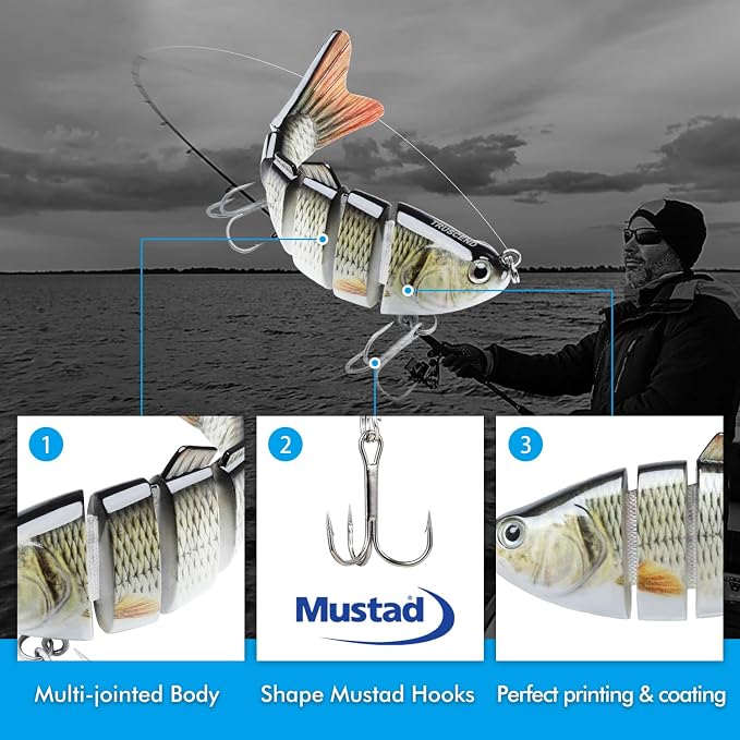 TRUSCEND Swimmax Easy Catch Fishing Lures with BKK Hooks, Wiggling, Vibrating, Rattling and Gurgling for More Bites, Heavy-Duty Dyneema Fiber Jointed Swimbaits for Bass, Trout, Crappie, Walleye, Pike