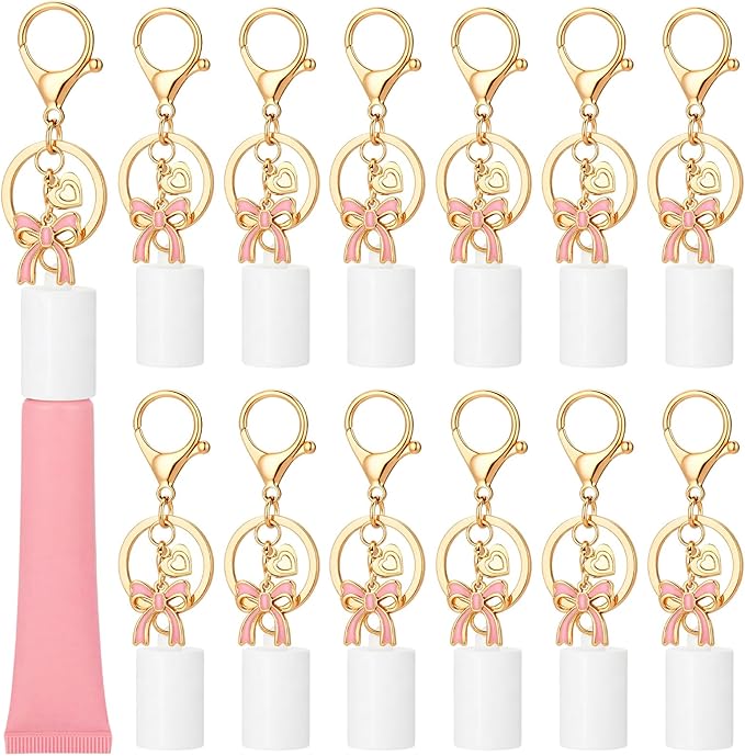 Nosiny 12 Pcs Coquette Lip Gloss Cap Keychain Bulk, Lip Balm Cap Keychain for Summer Pink Bow Party Favors for Women Girls Aesthetic Accessories