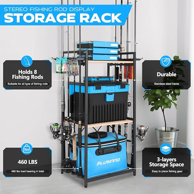 PLUSINNO 3 Tier Fishing Rod Holder, Fishing Pole Holders for Garage, Fishing Rod Rack Fishing Rod Storage Up to 8 Rods, Fishing Gear Tackle Box Fishing Equipment Organizers, Fishing Gifts for Men
