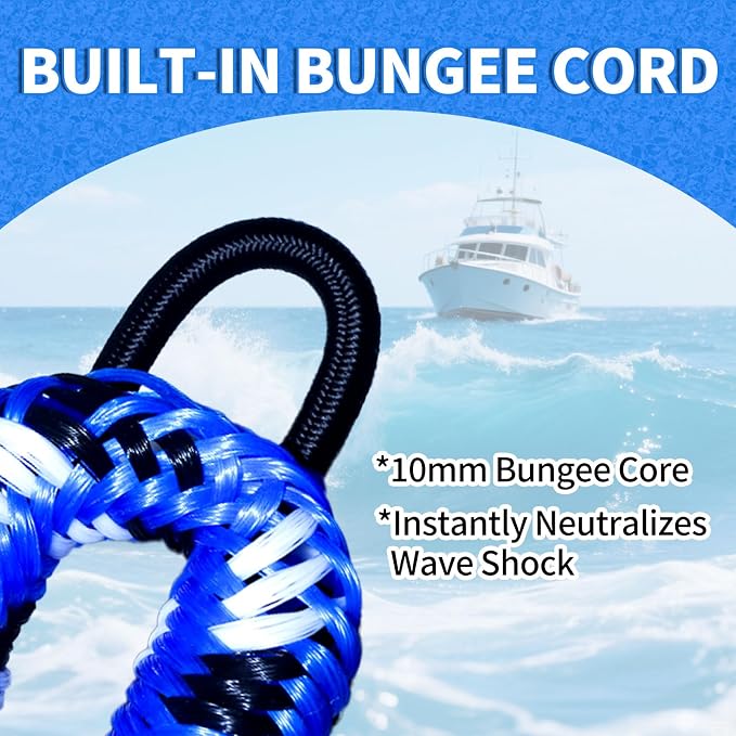 2-Pack Bungee Dock Lines for Boats with Loops, Boat Tie Downs for Docking, Adjustable Boat Mooring Rope for Pontoon, Jon Boat & PWC (Blue, Black & White, 4 FT)