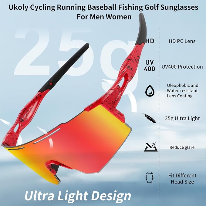 Ukoly Cycling Sunglasses for Men Women with 3 Interchangeable Lenses, Polarized Sports Sunglasses, Baseball Sunglasses