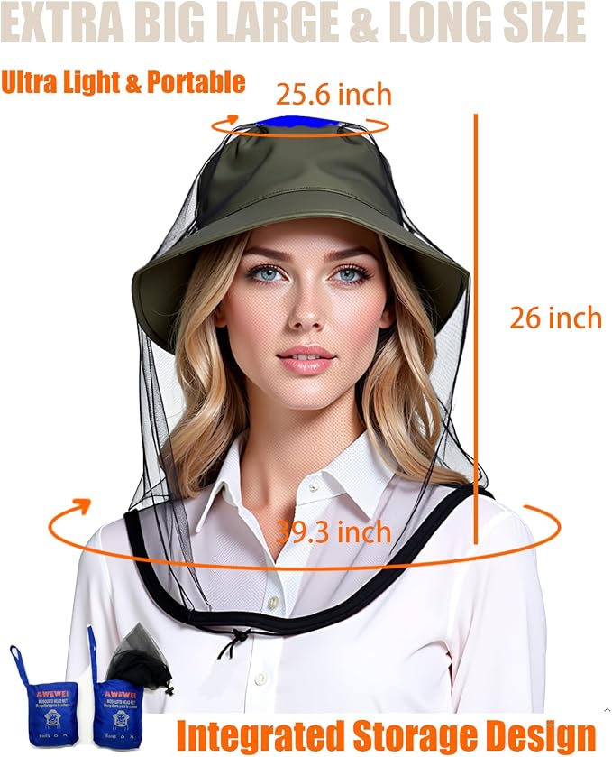 Mosquito Head Net, 2 Pack Ultra Fine Ice Silk Cooling Breathable Soft Large Long Mesh for Outdoors, Fits Most Hats
