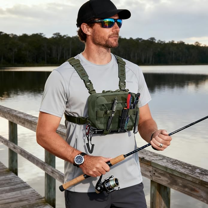 Outdoor Chest Bag for Men, Water-Resistant Fishing Chest Pack, Tactical Vest for Running, Cycling, Hiking