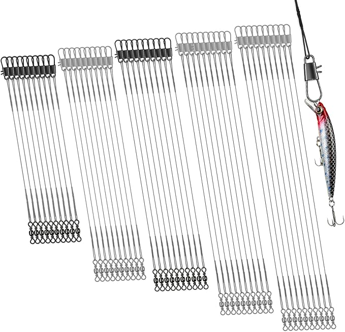 DONQL 50pcs Fishing Leaders, Stainless Steel Fishing Wire Traces Pike Fishing, 10/15/20/25/30cm Anti-Bite Fishing Wire Trace Leaders with Rolling Swivels and Snaps for Bait Rigs Saltwater