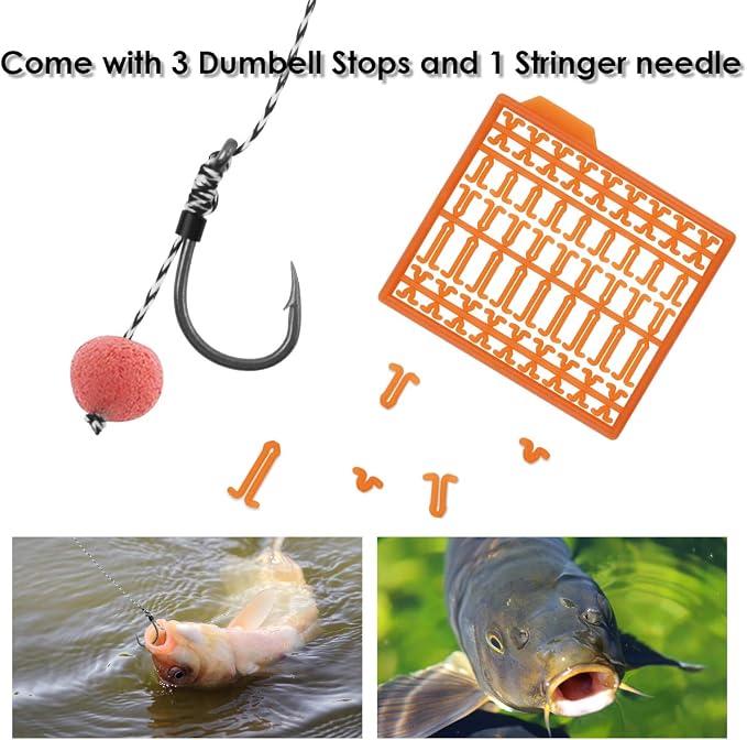 Carp Fishing Hair Rigs, 20 Pcs Curved Barbed Carp Hook Anti-Tangle Swivel Braided Thread line with 3 Card Boilie Bait Stops Dumbell Stoppers and Stringer Needle