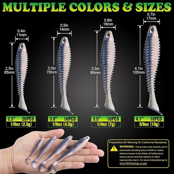 LUCKYFISHING Paddle Tail Swimbaits 10/16/20 PCS Fishing Lures Soft Plastic Lures for Trout Crappie Walleye Soft Baits for Bass Fishing Freshwater Saltwater 4.1/3.5/3/2.5 Inch