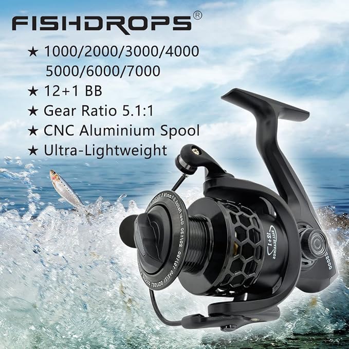 Fishdrops Spinning Fishing Reels 12+1BB Ultra Lightweight Carved Aluminum Spool Reels Affordable Smooth Spinning Reels
