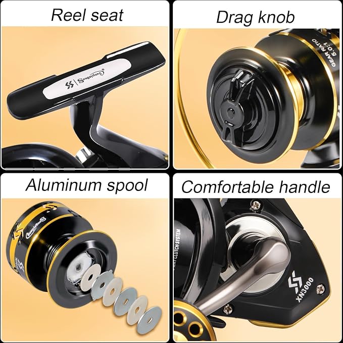 Sougayilang Spinning Fishing Combos, Carbon&Glass Fiber Composite 2 Piece Fishing Rods with 2000 Size Spinning Reel- 6'0"