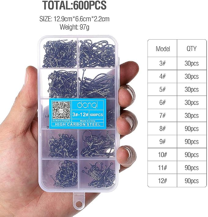 DONQL Bait Holder Hooks, 600Pcs Double Barbed Fishing Hooks 3#-12# Carp Single Fish Hook Kit Fly Fishing Accessories Carbon Steel Jig Sea Hooks for Live Bait Freshwater Saltwater (600PCS)
