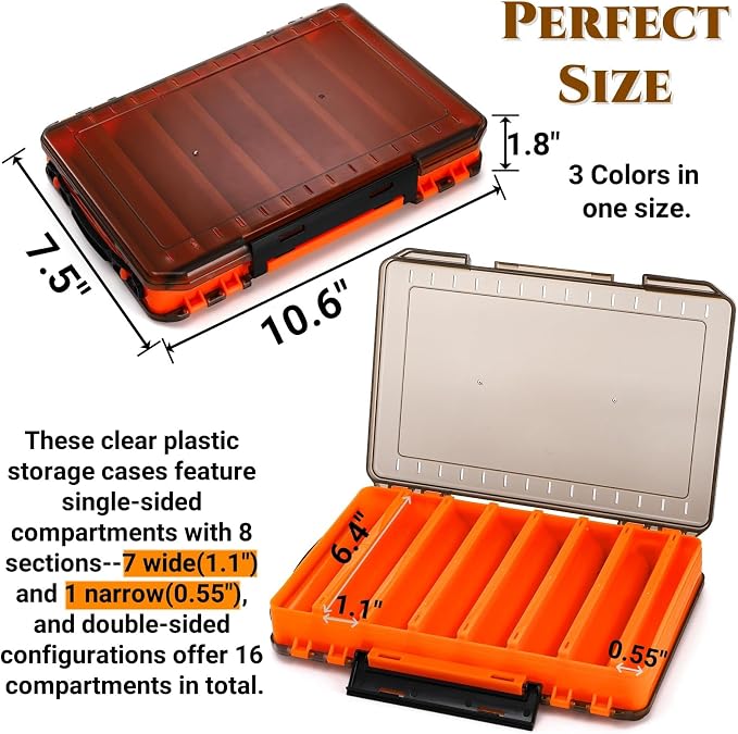 Noamus 3 Pack Double Sided Fishing Lure Boxes, 14 Compartments Fishing Tackle Organizer with 2 Buckle, Plastic Clear Storage Case, Visible Hard Bait Container for Jewelry Beads Earring Hook(3 Color)