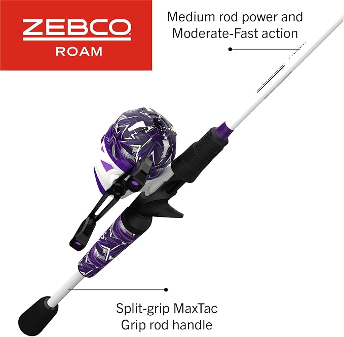 Zebco Roam Spincast Reel and Fishing Rod Combo, 6-Foot 2-Piece Fiberglass Fishing Pole with ComfortGrip Handle, Quickset Anti-Reverse Fishing Reel, Pre-Spooled with 10-Pound Zebco Line