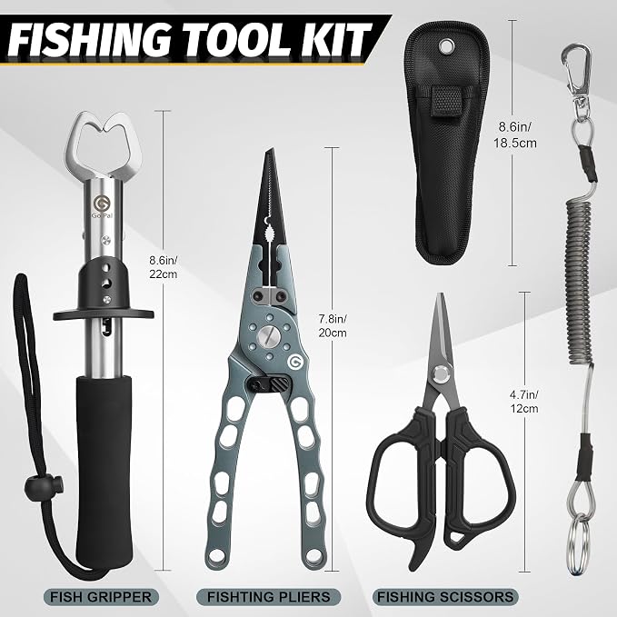 Go Pal Fishing Tool Set - Fishing Gear - Fishing Pliers with Lanyard and Protective Sheaths, Fish Lip Gripper, Fishing Scissors - All-in-One Fishing Accessories & Ideal Fishing Gifts for Men