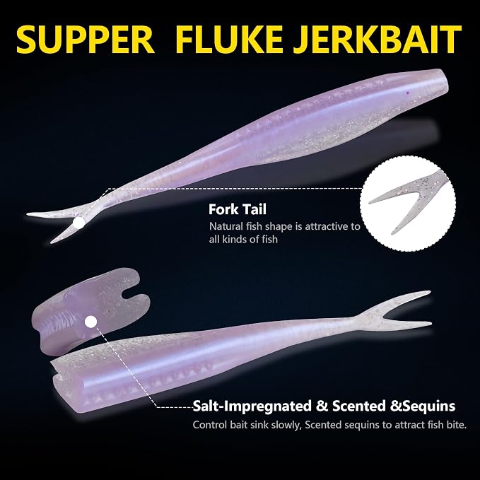 Fishing Bait Soft Plastic Lures 30/50 Pcs, Weighted Hooks 10 Pack & 40-Piece Set, 4in/5in Salty Split Tail Jerk Shad, 3/0 4/0 5/0 Weedless Swimbait Hook for Bass Fishing