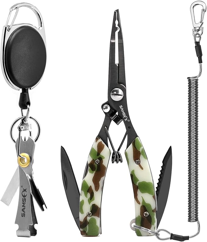 SAMSFX Locking Fishing Pliers Saltwater Resistant Teflon Coated Briad Line Cutters with Wire Coiled Lanyard, Sheath & Quick Knot Tool Combo