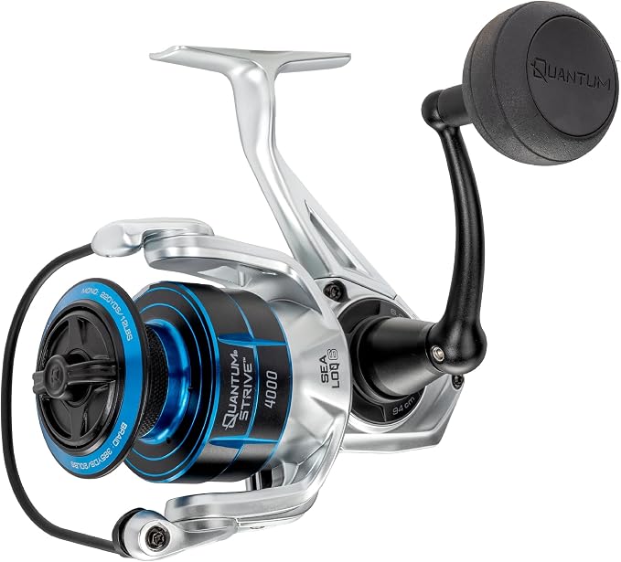 Quantum Strive Spinning Fishing Reel, Rigid Aluminum Frame, Graphite Rotor, Sealed Design, CFX200 Carbon Fiber Xtreme Drag, Silver/Blue