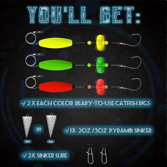 Narcissus Catfish Rigs Set – 6 Pre-Tied Rigs with 2 Sinker Sliders, Float Rigs Tackle, Santee Rig, Circle Hooks 6/0 – Complete & Ready-to-Use Kit