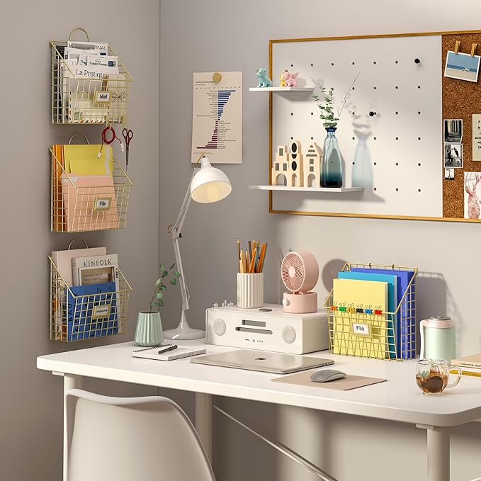 Wall File Organizer Mesh Hanging Wall Files Holder,Magazine Rack and Mail Basket with Hooks, Office Wall Organizer for Papers Folders Files Clipboard 4 Packs, Gold(Patent Pending)