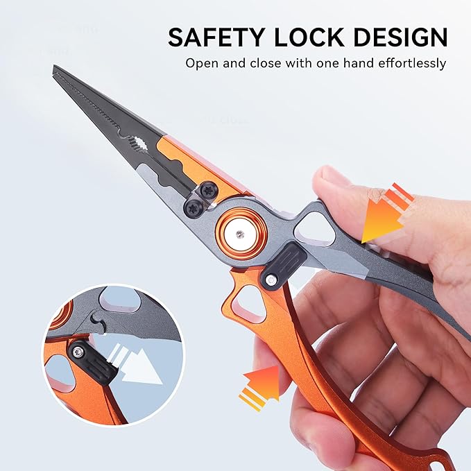 Fishing Pliers Hook Remover, Saltwater Split Ring Pliers with Safety Lock, Fishing Gear with Sheath and Lanyard, Fishing Gifts for Men